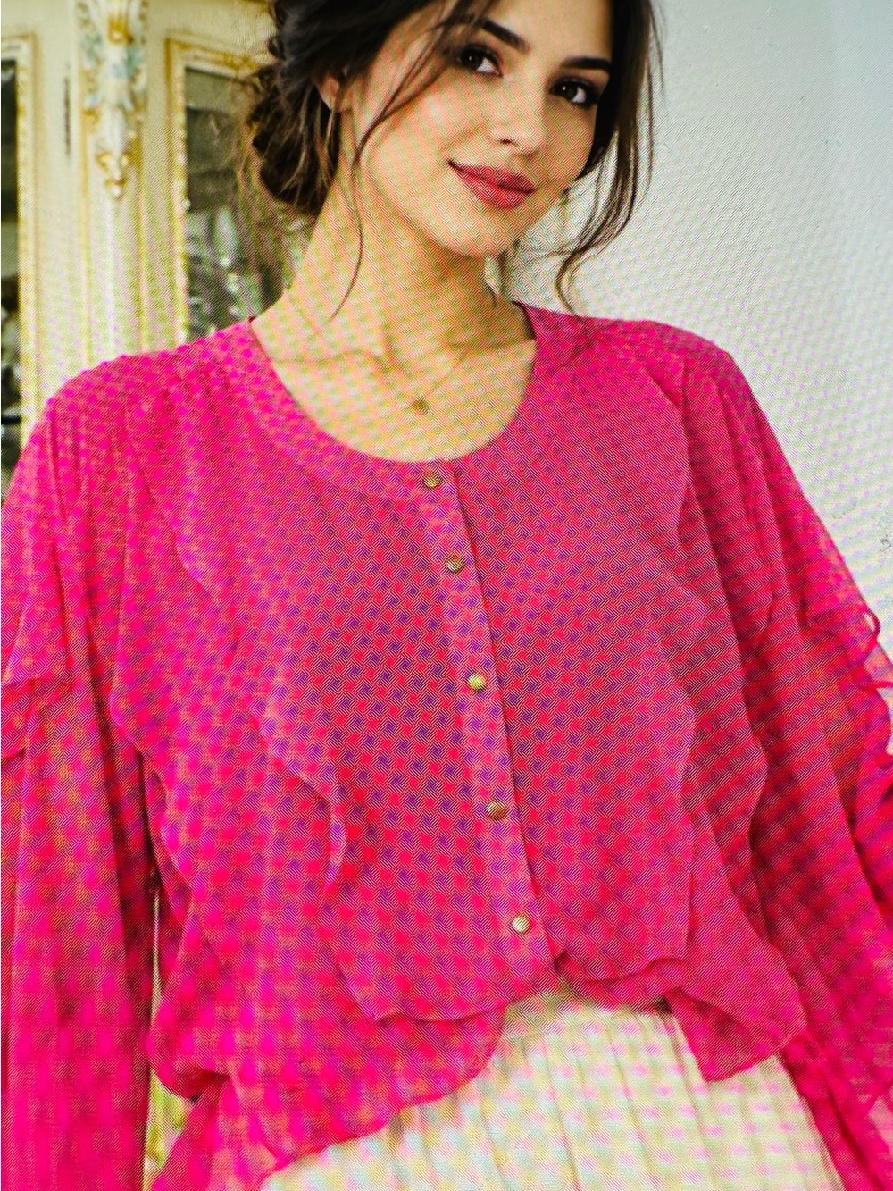 Elegant Jennifer Lopez Hot Pink Ruffle-Trim Button Front Blouse